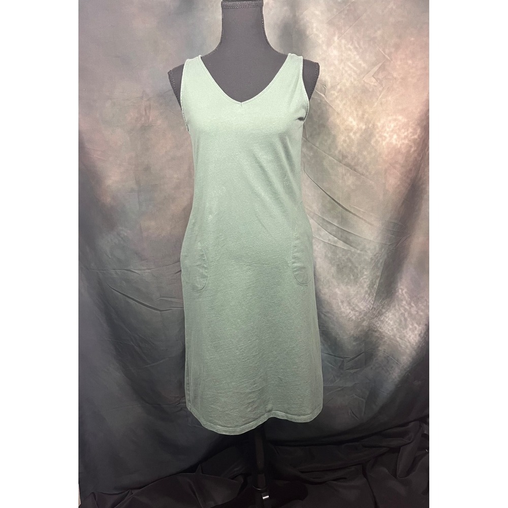 AnyBody Sage Green Organic Cotton V-Neck Sleeveless Midi Dress with Pockets XS
